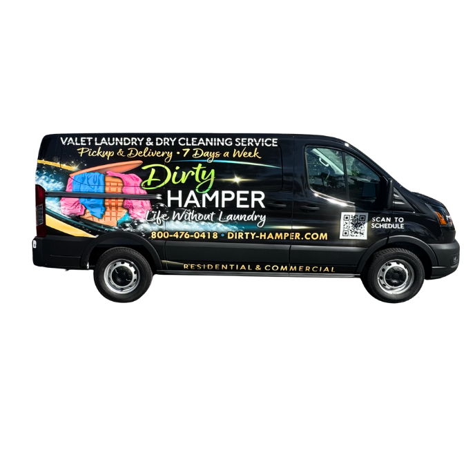 The Dirty Hamper branded delivery van, out serving neighborhoods across the Inland Empire
